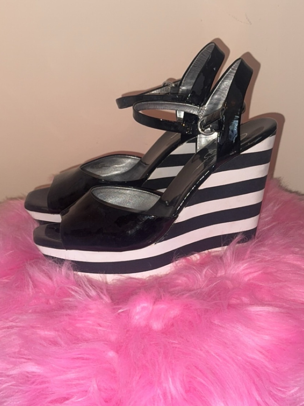 Jessica Simpson Black and White Striped Wedge Platforms